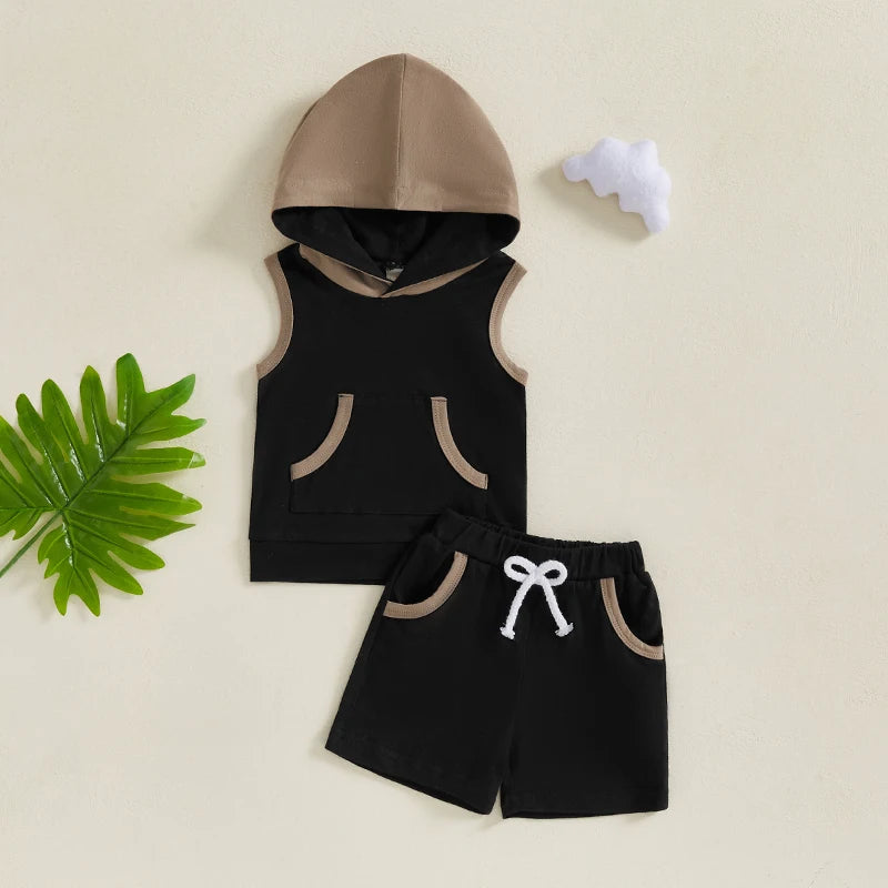 Baby Boy Shorts Set Contrast Color Sleeveless Hooded Tank Tops Elastic Waist Shorts