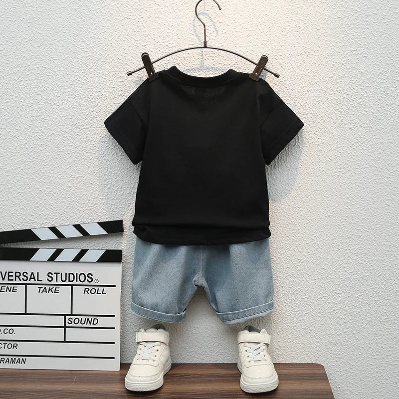 Cartoon Sports T-Shirt + Ripped Denim Shorts Sets
