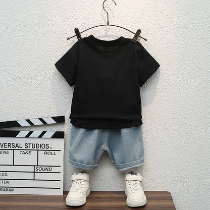Cartoon Sports T-Shirt + Ripped Denim Shorts Sets