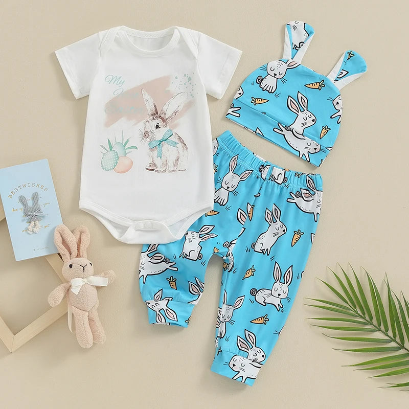 Long Sleeve Crew Neck Bunny Print Romper Tops and Pants with Bunny Hat