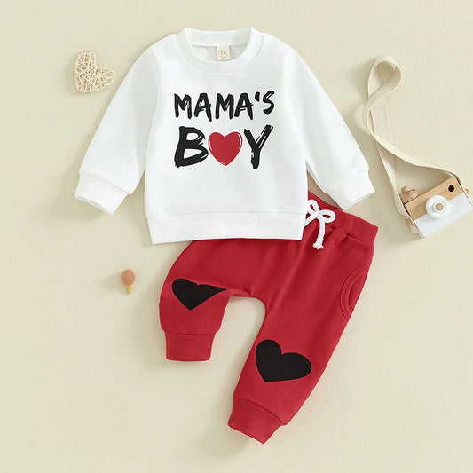 0-3Y Toddler Baby Boy Valentine’s Day Outfits Long Sleeve Sweatshirt + Heart Trousers Pant Clothes Set