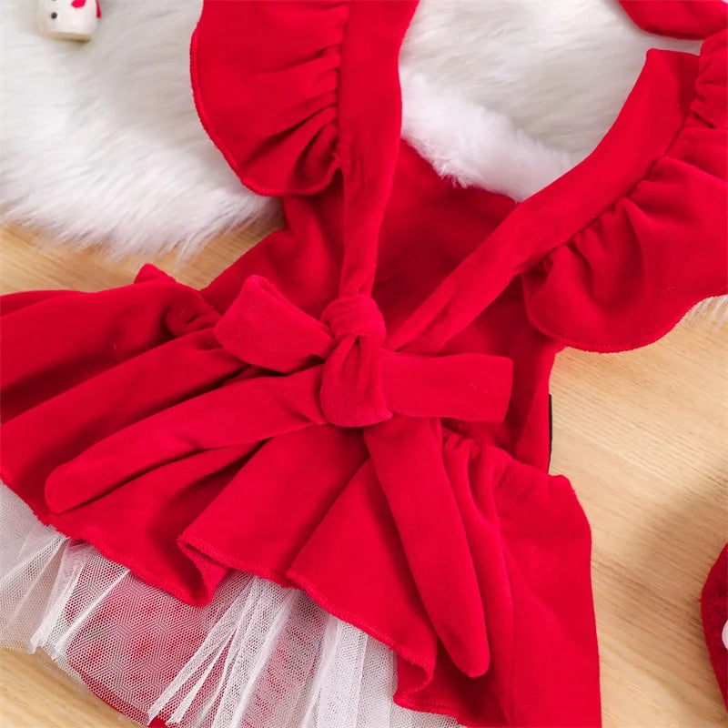 Girls Christmas Outfits Long Sleeve Fur Trim Velvet Romper Dress + Headband