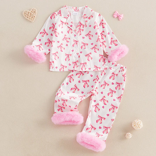 Valentine Pajamas Sets Bow Print Plush Long Sleeve Tops With Pants