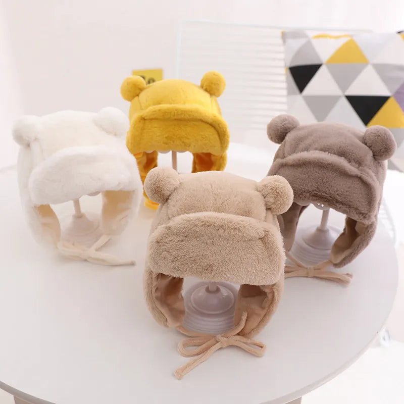 Cute Bear Baby Hat Soft Furry Ear Protection Kids Bonnet Hats with Earflaps Winter Warm Lined Infant Girl Boy Beanies Cap