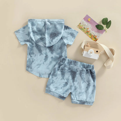 2Pcs Casual Clothing Set Short Sleeve Hooded Tie-Dye  Pritned Top and Shorts