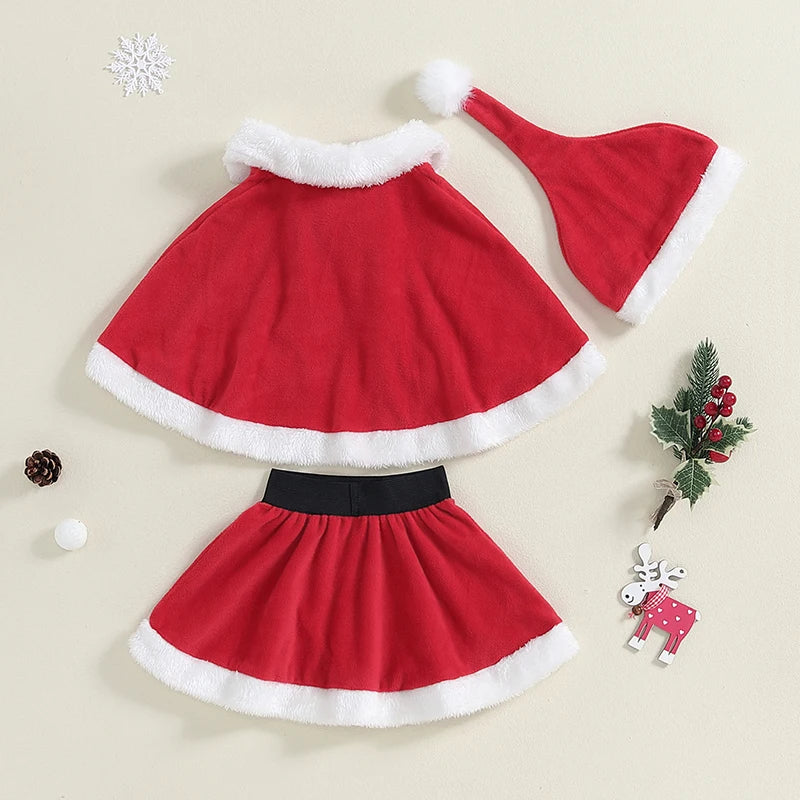 3Pcs Christmas Outfits Red Fur Trim Cape + Skirt + Santa Hat