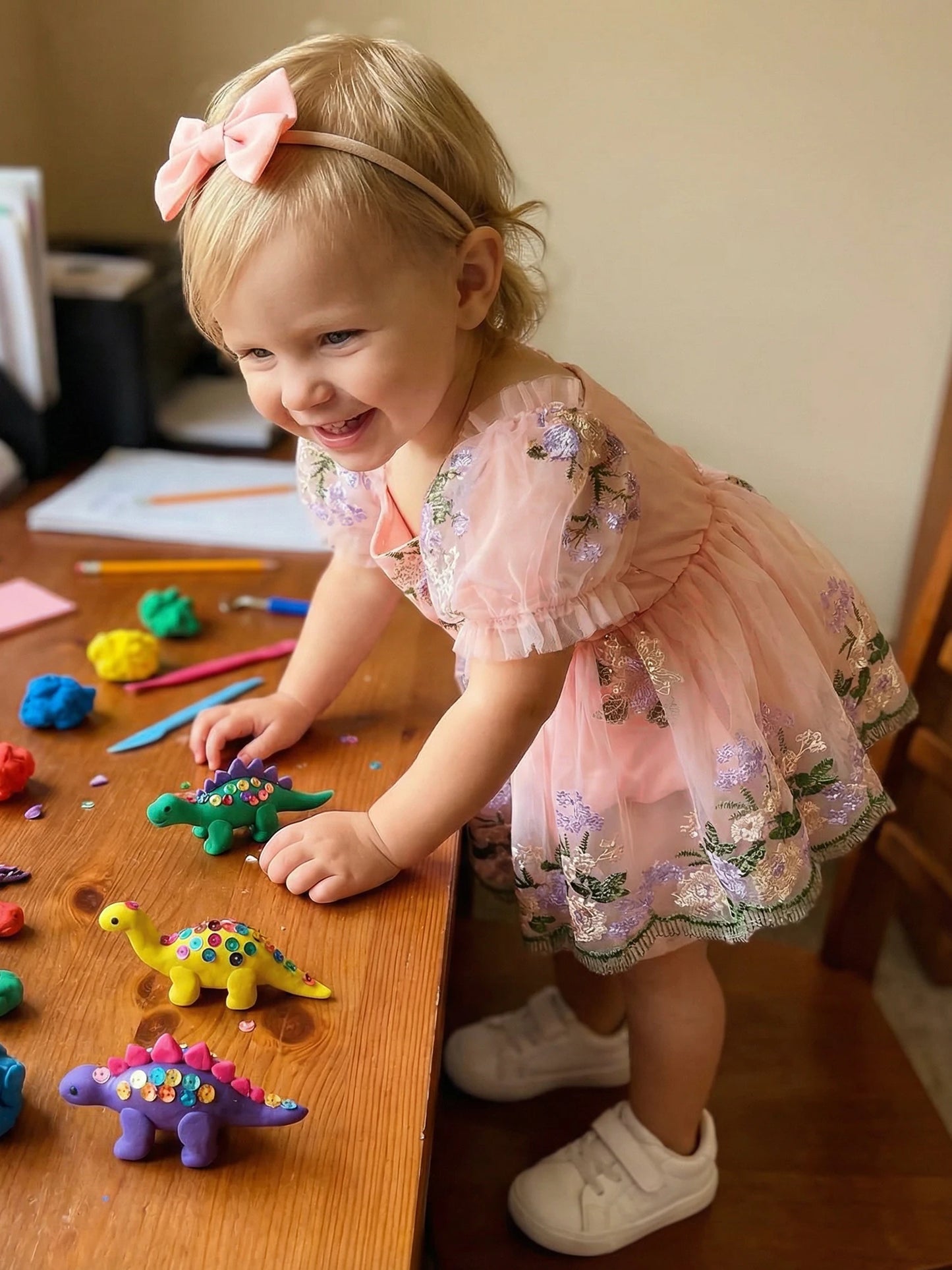 Baby Girl Summer Outfits Flower Embroidered Mesh Short Sleeve Romper Dress and Bow Headband 2 Pcs Set 0-24M