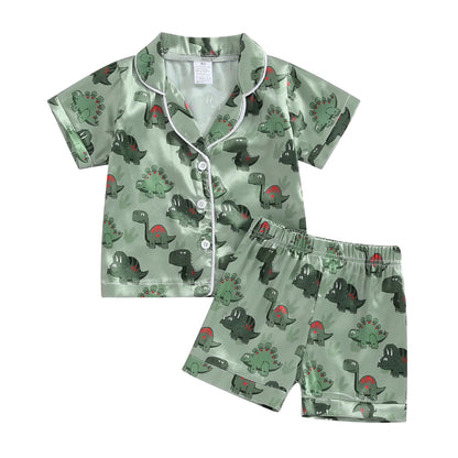 Dinosaur Print Collar Short Sleeve Shirts and Elastic Waist Shorts 2 Pieces Sleepwear