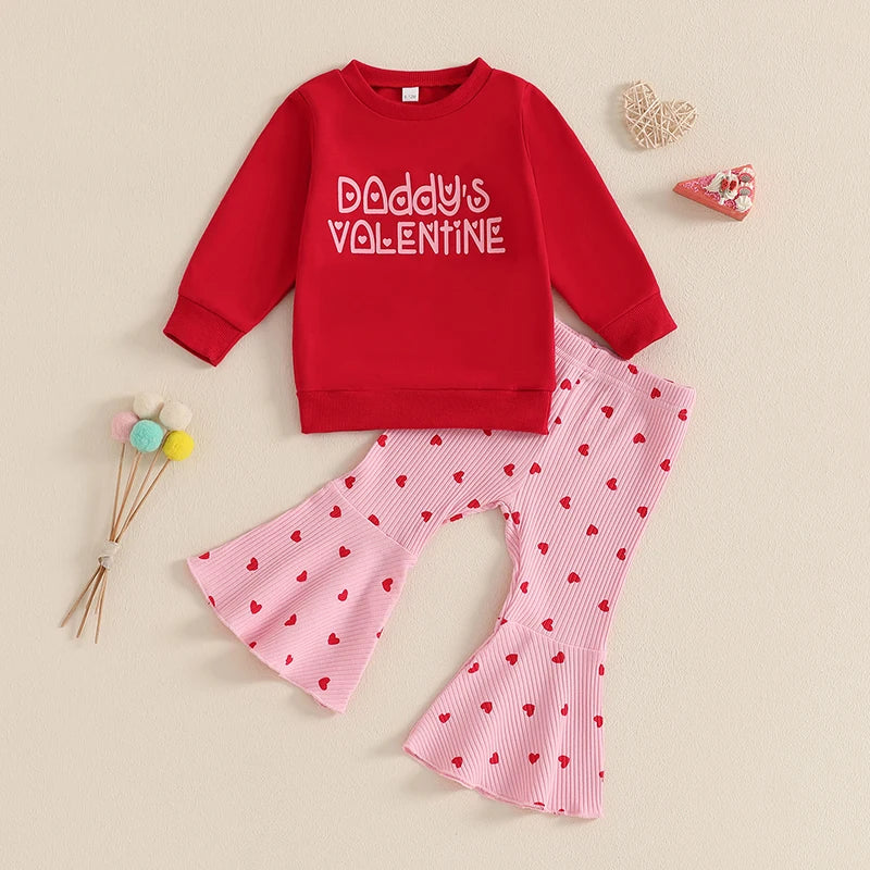 Letter Print Long Sleeve Sweatshirt Heart Print Ribbed Flare Pants Valentines Day outfit