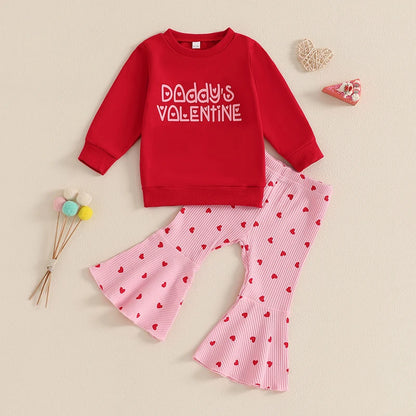 Letter Print Long Sleeve Sweatshirt Heart Print Ribbed Flare Pants Valentines Day outfit