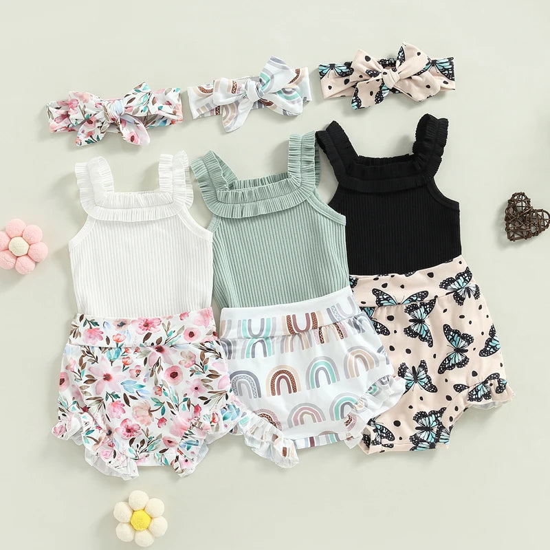 Baby Girls Shorts Set Sleeveless Romper Flower/Rainbow/ Print Shorts Hairband