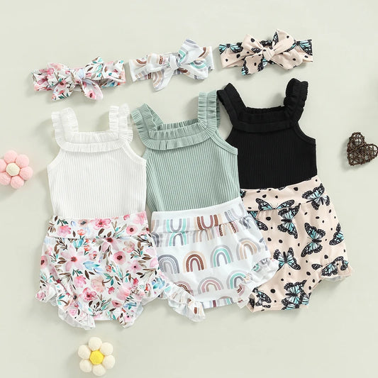 Baby Girls Shorts Set Sleeveless Romper Flower/Rainbow/ Print Shorts Hairband