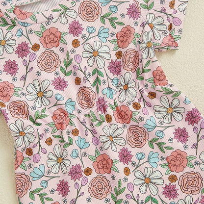 Ribbed Romper Floral/Bow/Strawberry Short Sleeve Bodysuit with Bow Headband