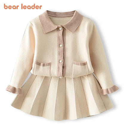 Bear Leader Kids Christmas Sweet Knitwear Suits Girls Baby Plaid Sweaters Coats Suspender Dress Outfits Princess Clothes Sets