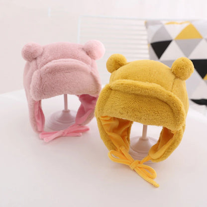 Cute Bear Baby Hat Soft Furry Ear Protection Kids Bonnet Hats with Earflaps Winter Warm Lined Infant Girl Boy Beanies Cap