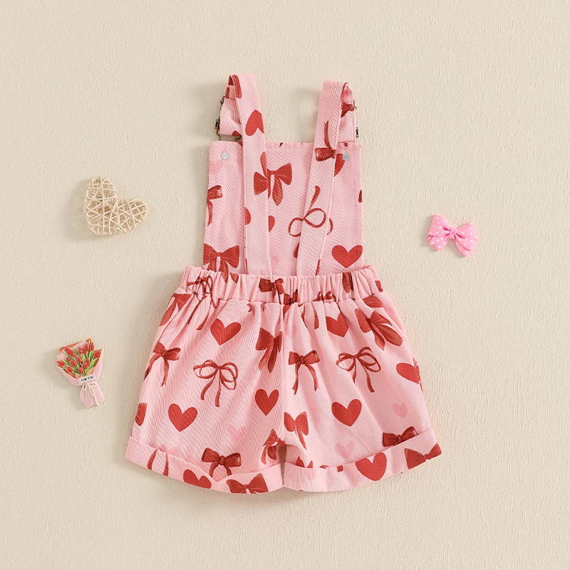 Girl Suspender Shorts Bow Heart Print Sleeveless Overalls