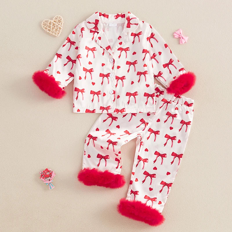 Valentine Pajamas Sets Bow Print Plush Long Sleeve Tops With Pants