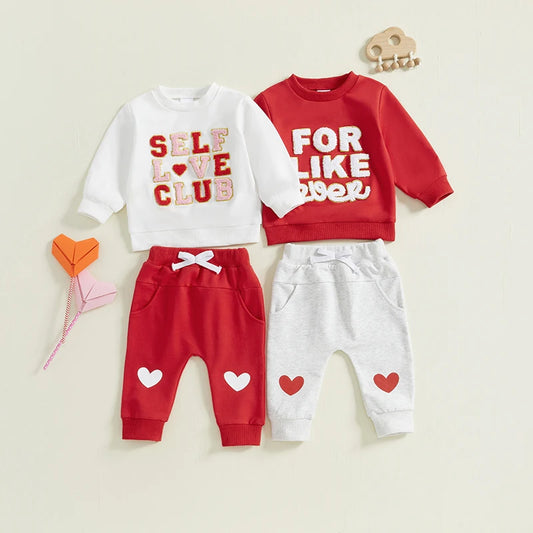 Boys/ Girls Valentines Outfit Letter Embroidery Long Sleeve Sweatshirt and Heart Print Pants